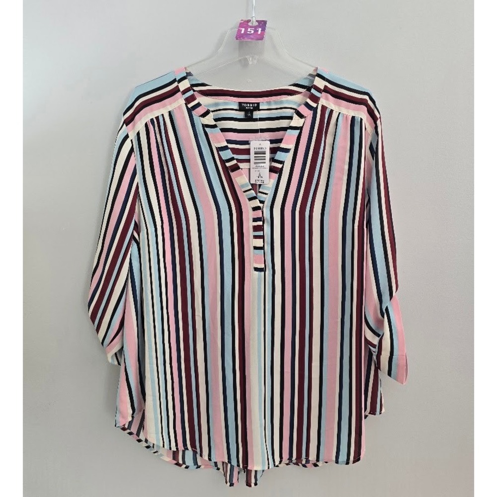Torrid Womens Blouse Multi Stripe 3/4 Sleeve Harper Georgette Pullover 2X NEW